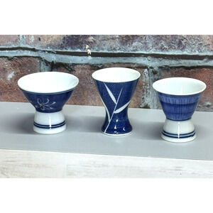 Set of 3‎ Vintage Hand Painted Sake Cups Blue White Japan Japanese